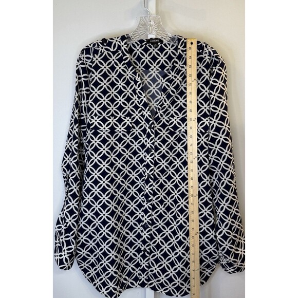 Elementz Women’s XL Navy White Chain Print Button Blouse Elegant Classic Style - Picture 6 of 10